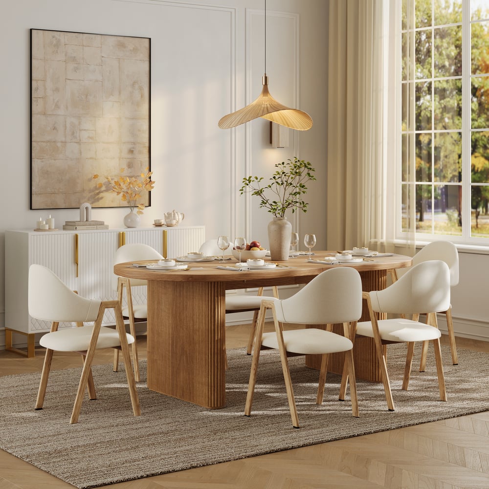 Japandi 79"-94" Oválný rozkládací jídelní stůl z přírodního dřeva, pro 6-8 osob obrázek okna