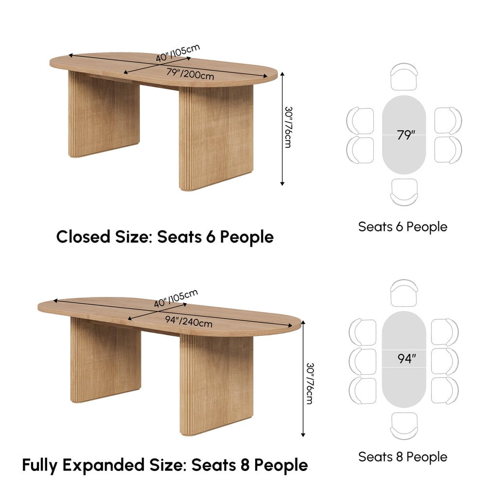 Japandi 79"-94" Oválný rozkládací jídelní stůl z přírodního dřeva, pro 6-8 osob váhy a rozměry obrázku