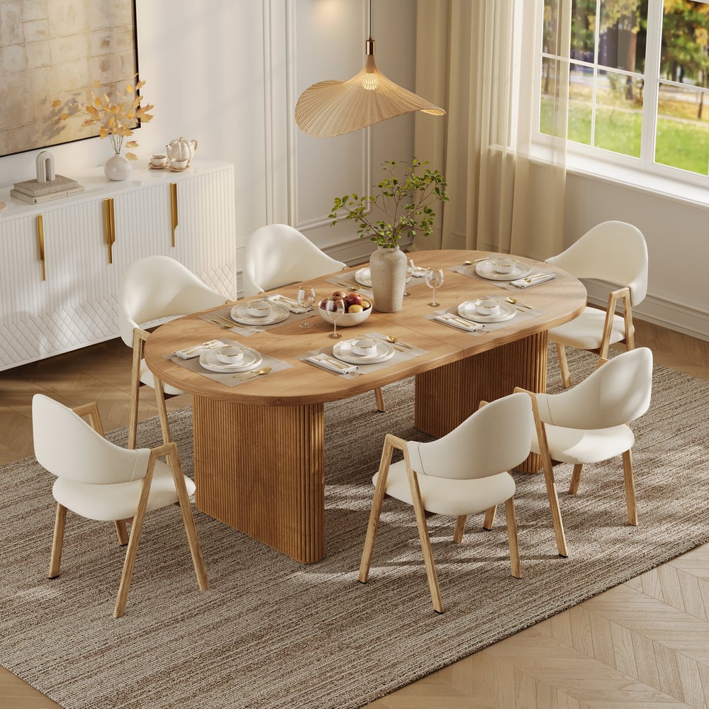 Japandi 79"-94" Oválný rozkládací jídelní stůl z přírodního dřeva, pro 6-8 osob obrázek okna