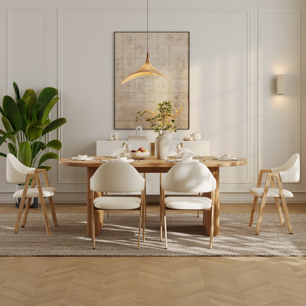 Japandi 79"-94" Oválný rozkládací jídelní stůl z přírodního dřeva, pro 6-8 osob obrázek okna