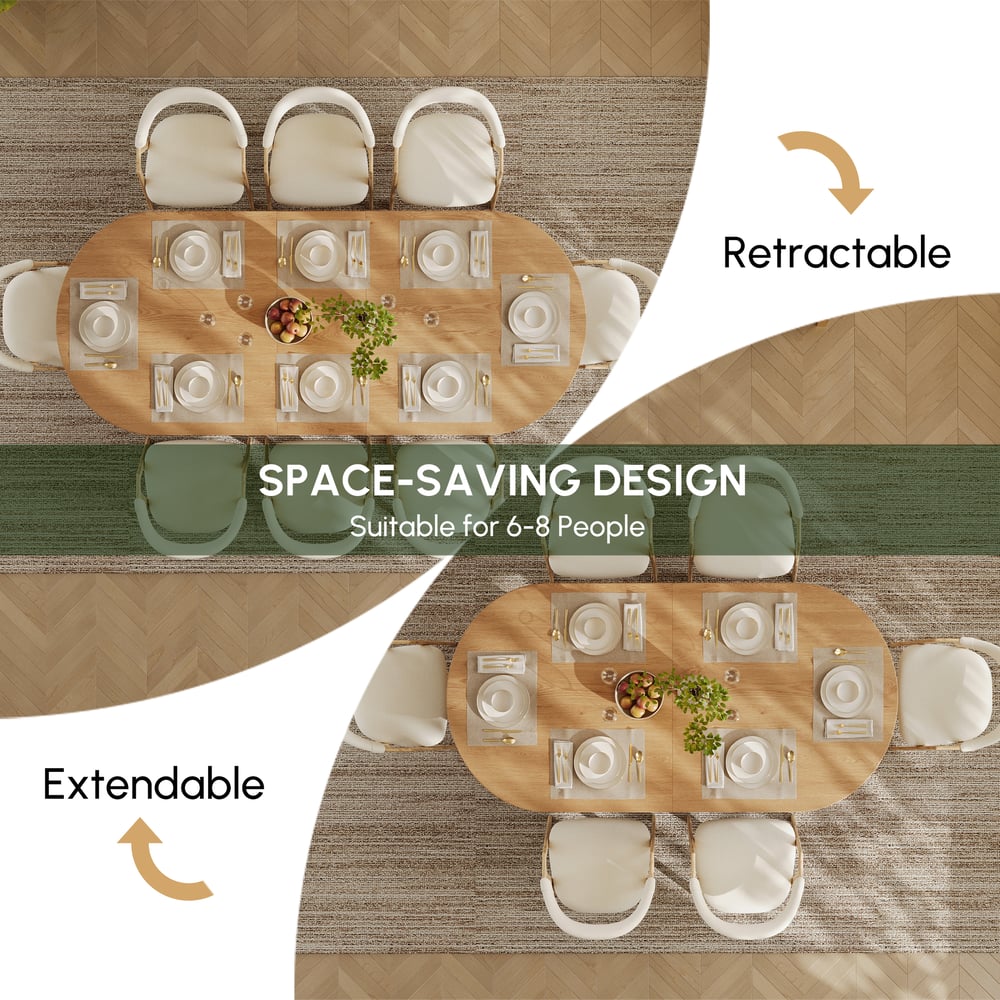 Japandi 79"-94" Oválný rozkládací jídelní stůl z přírodního dřeva, pro 6-8 osob obrázek okna