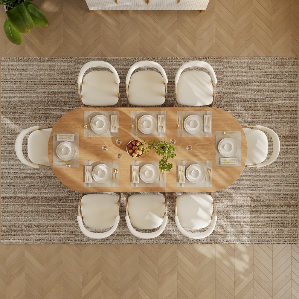 Japandi 79"-94" Oválný rozkládací jídelní stůl z přírodního dřeva, pro 6-8 osob obrázek okna