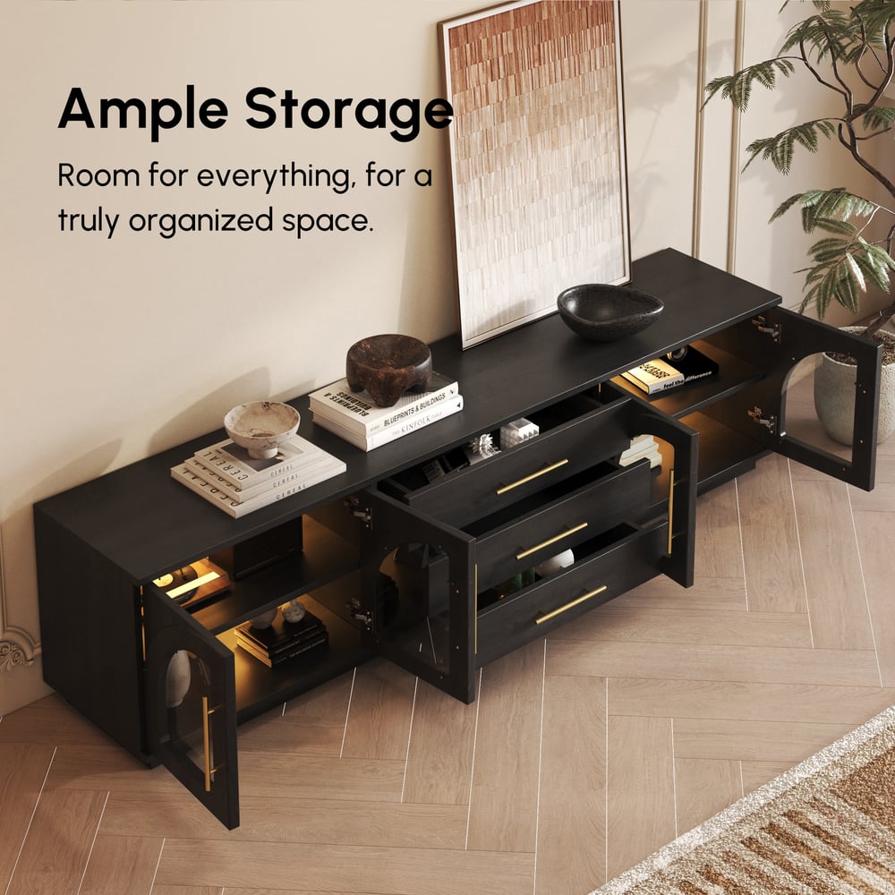 Arune 80" Arched Glass Doors TV Stand with Storage and LED window image