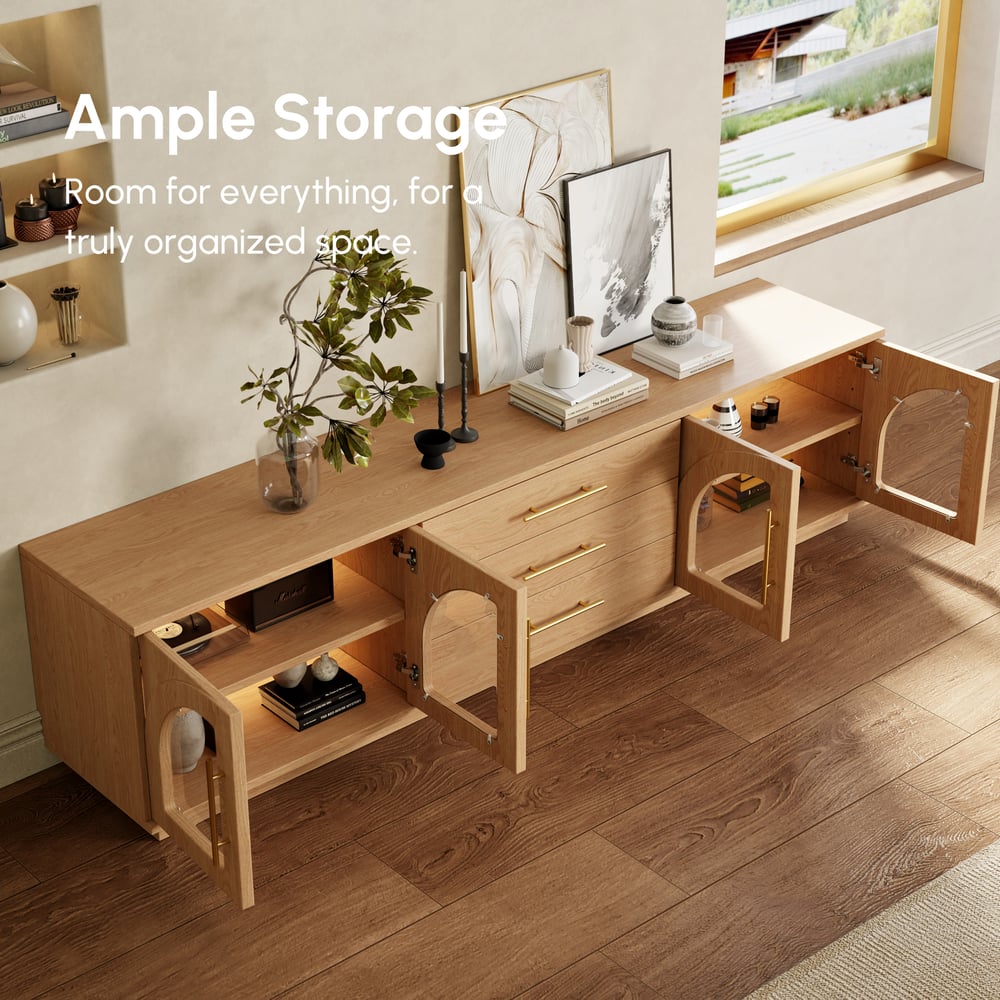 TV tabule Arune 203 cm se 4 zakřivenými skleněnými dveřmi, 3 zásuvkami a LED osvětlením obrázek okna