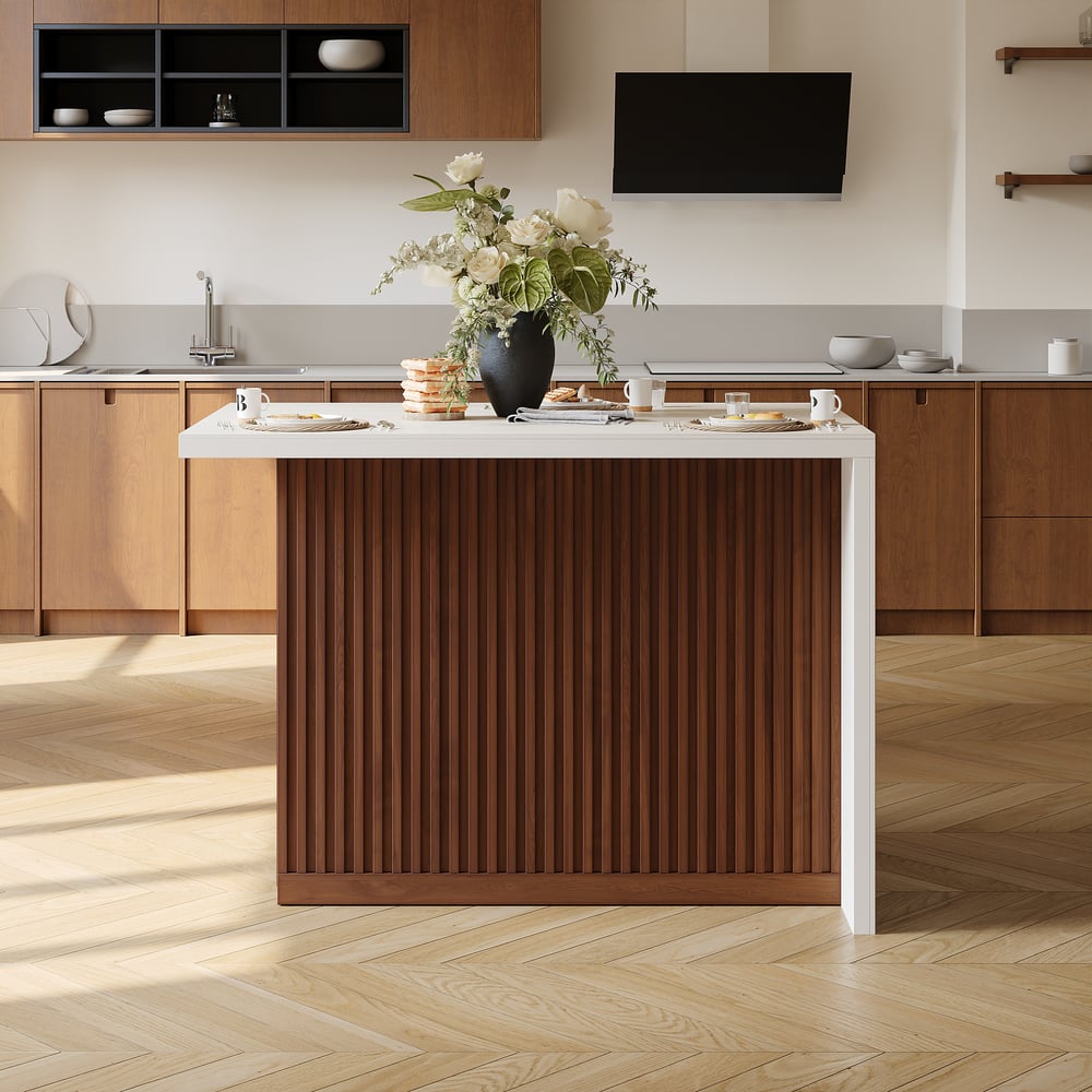 Modern 50" mat gesinterd stenen kookeiland met opbergruimte, walnoot Vensterafbeelding