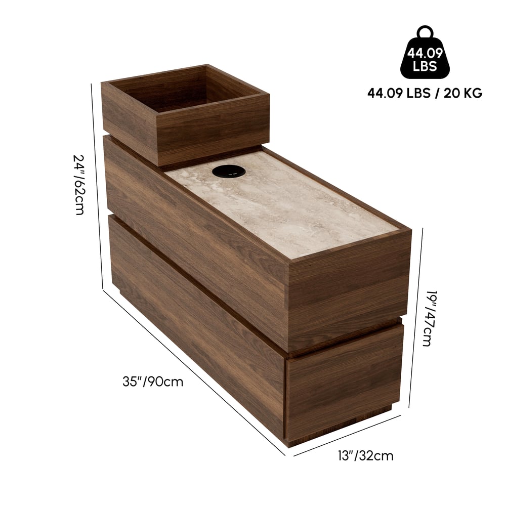 Travertine Stone Top Narrow Smart Side Table with Storage weights dimensions image