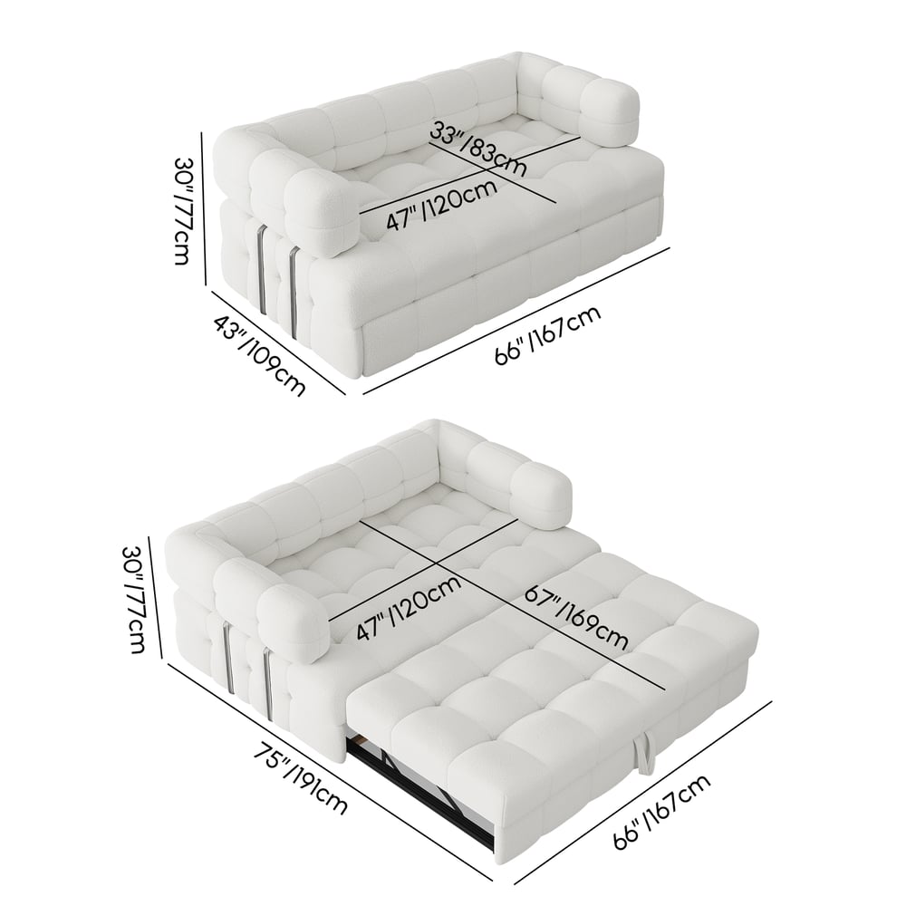 2-zits bouclé converteerbare uitschuifbare slaapbank met queensize bed van 1670 mm Afbeelding met gewichten en afmetingen