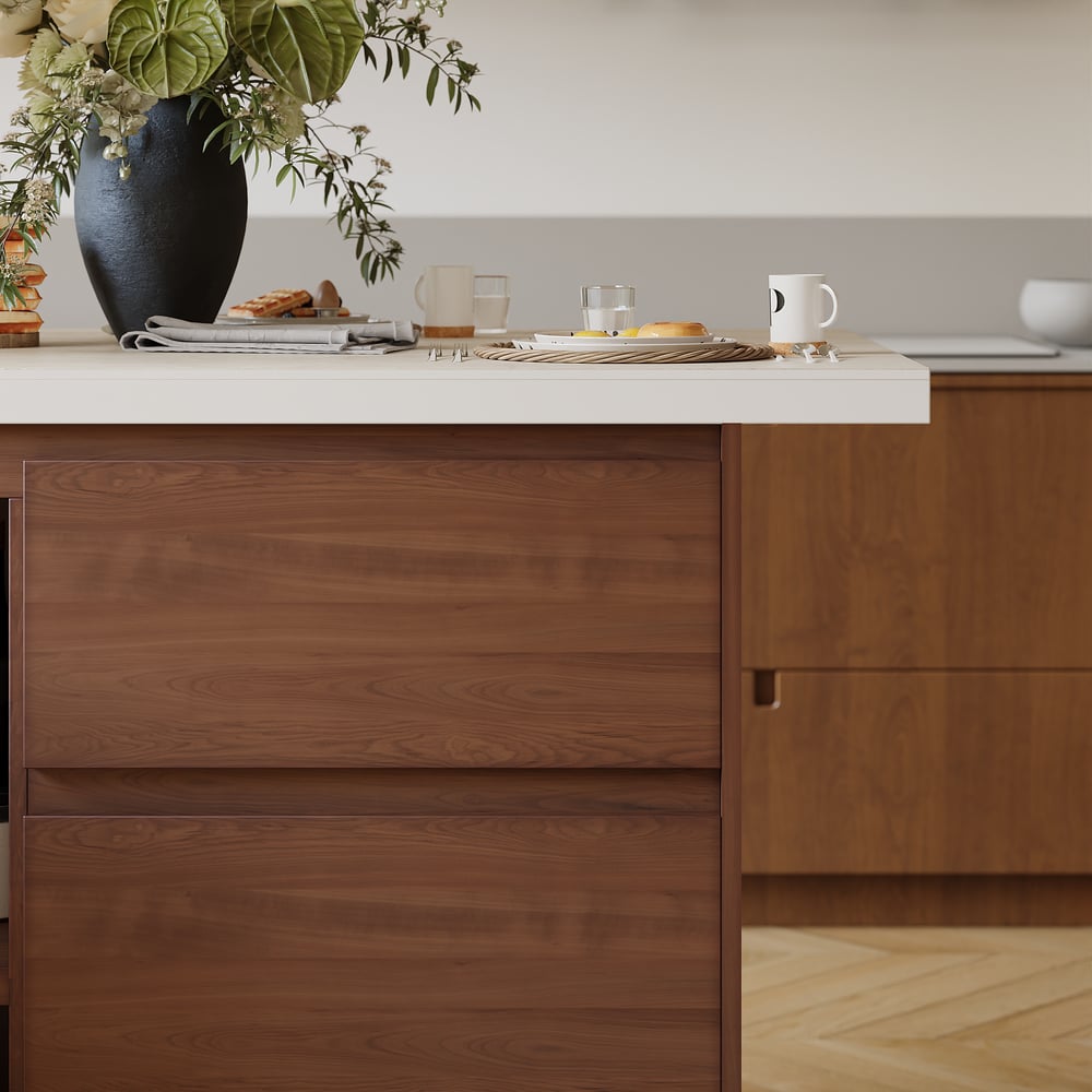 Modern 50" mat gesinterd stenen kookeiland met opbergruimte, walnoot Vensterafbeelding