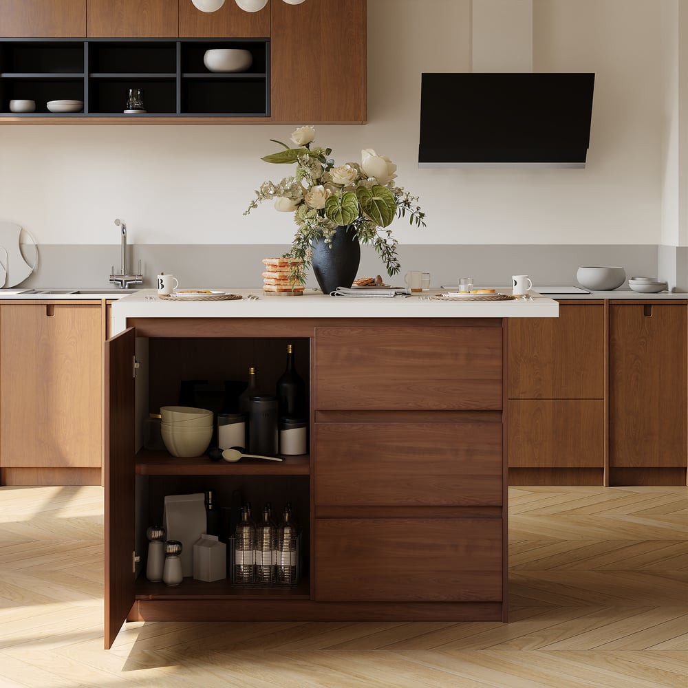 Modern 50" mat gesinterd stenen kookeiland met opbergruimte, walnoot Vensterafbeelding