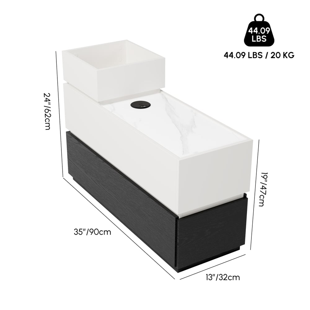 Mesa de apoio estreita de pedra sinterizada moderna de 89 cm com USB e arrumação Imagem com pesos e dimensões