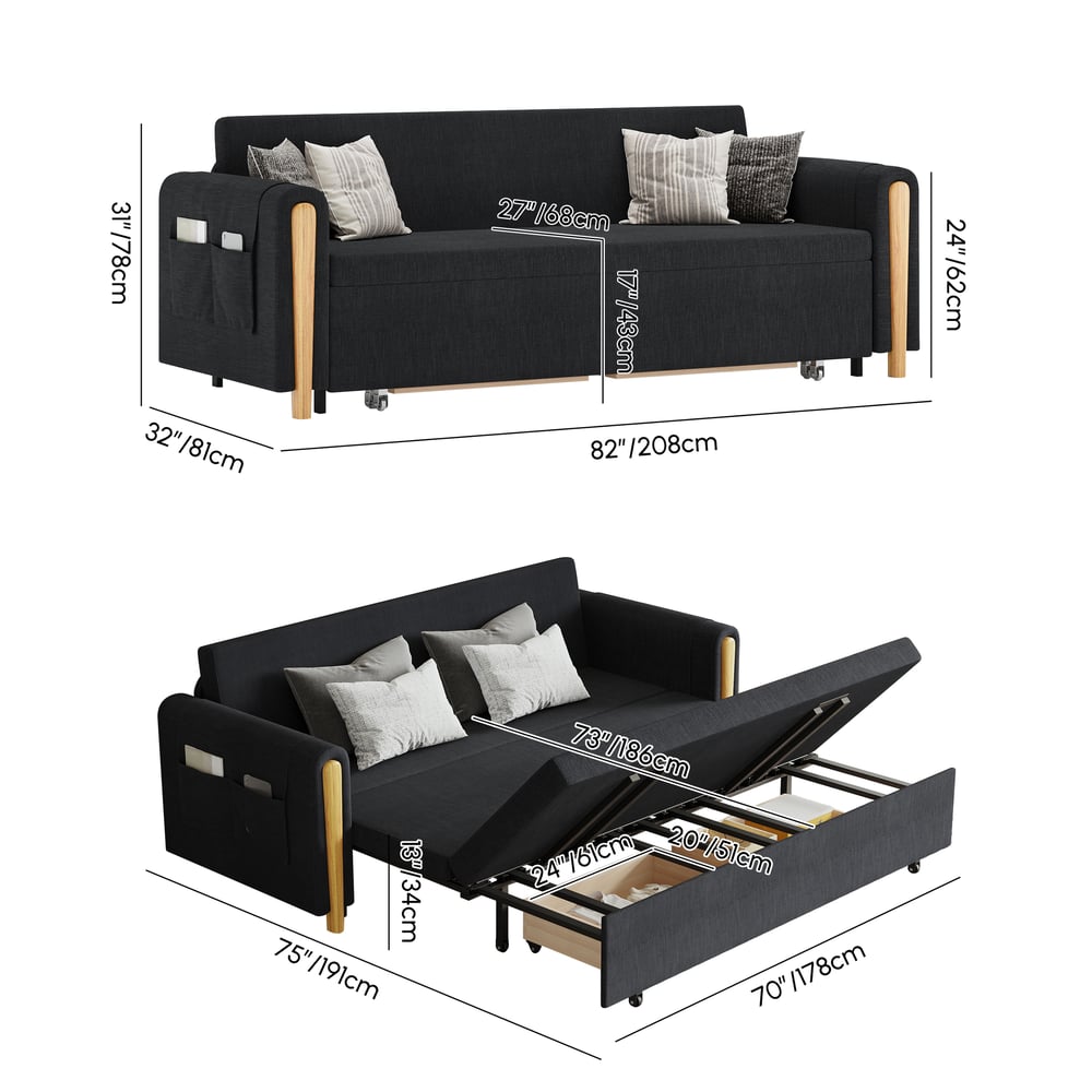 3-seater sofa bed with pull-out bed and storage space in black weights dimensions image