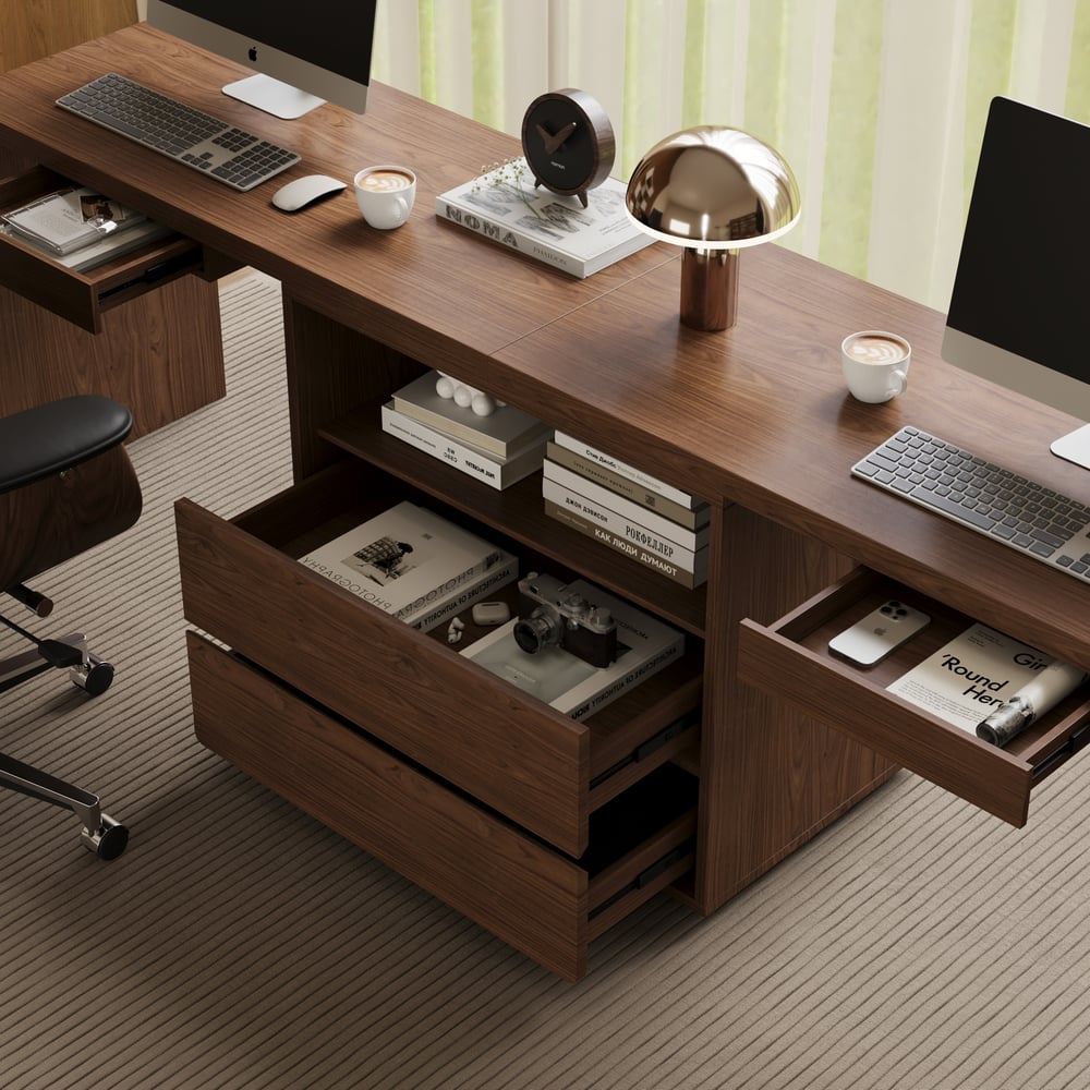 Modern 94" Rectangular Brown Double Desk with Drawers, Seats 2 window image