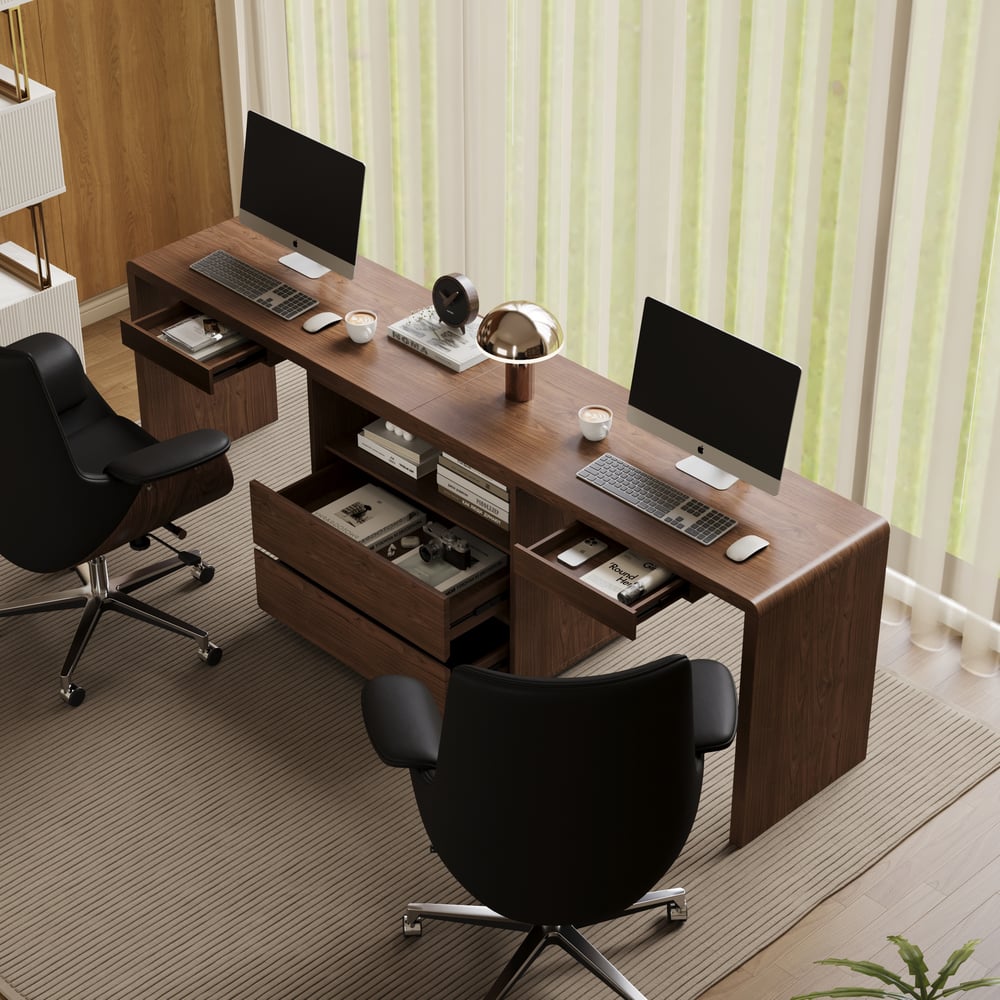 Modern 94" Rectangular Brown Double Desk with Drawers, Seats 2 window image