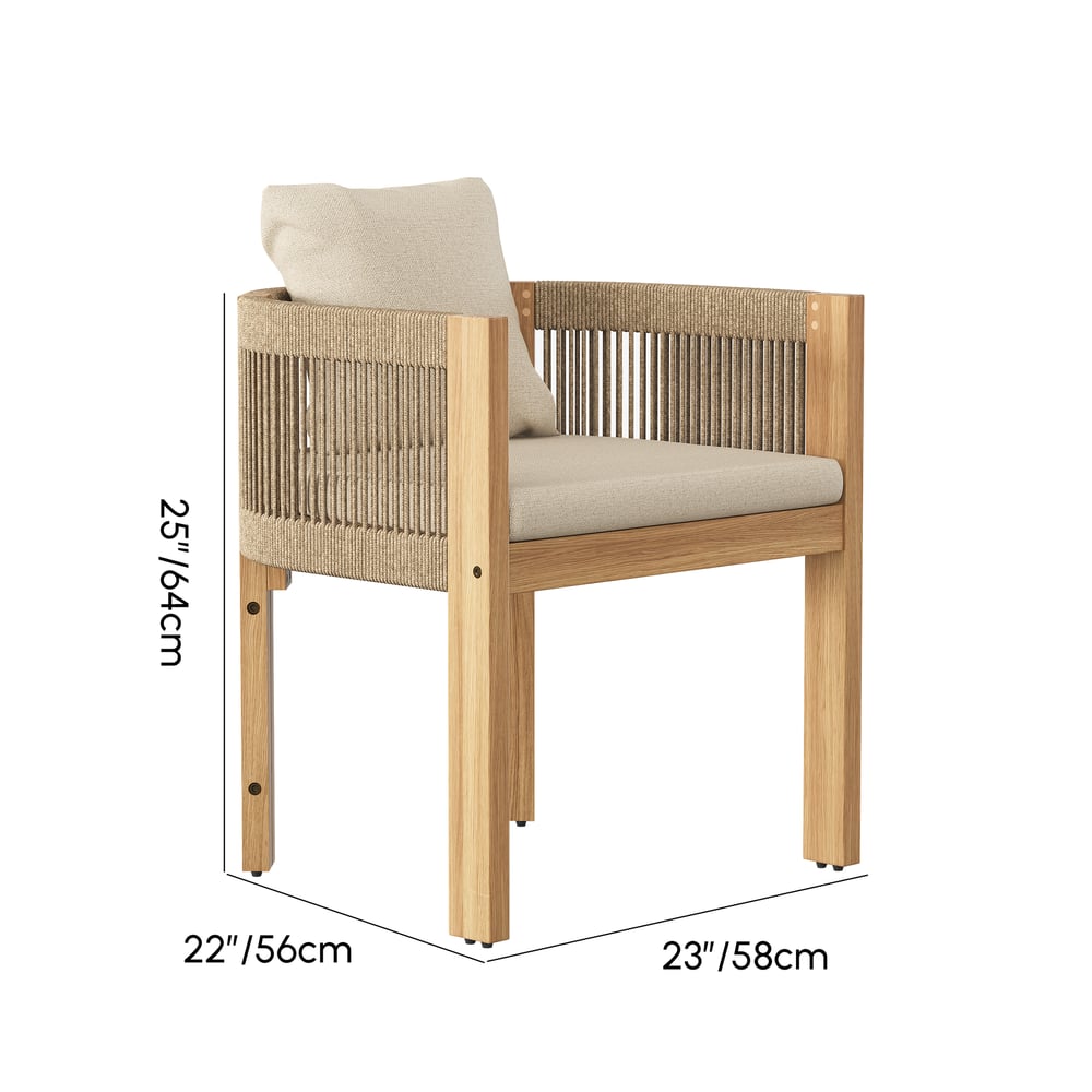 Ensemble de repas de jardin d'extérieur 7 pièces Boheva avec 6 chaises en béton et corde tressée de teck Poids, dimensions, image