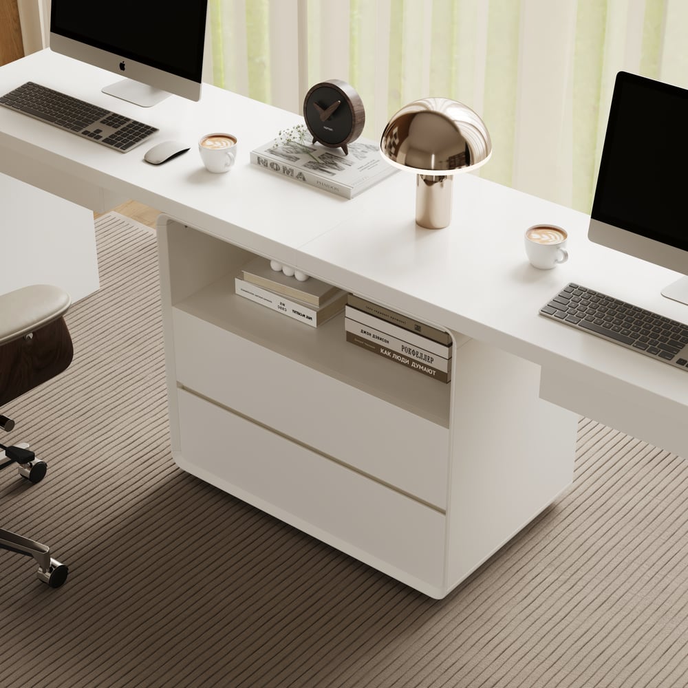 Modern 240 cm Rectangular White Double Desk with 4 Drawers & 1 Cabinet, Seats 2 window image