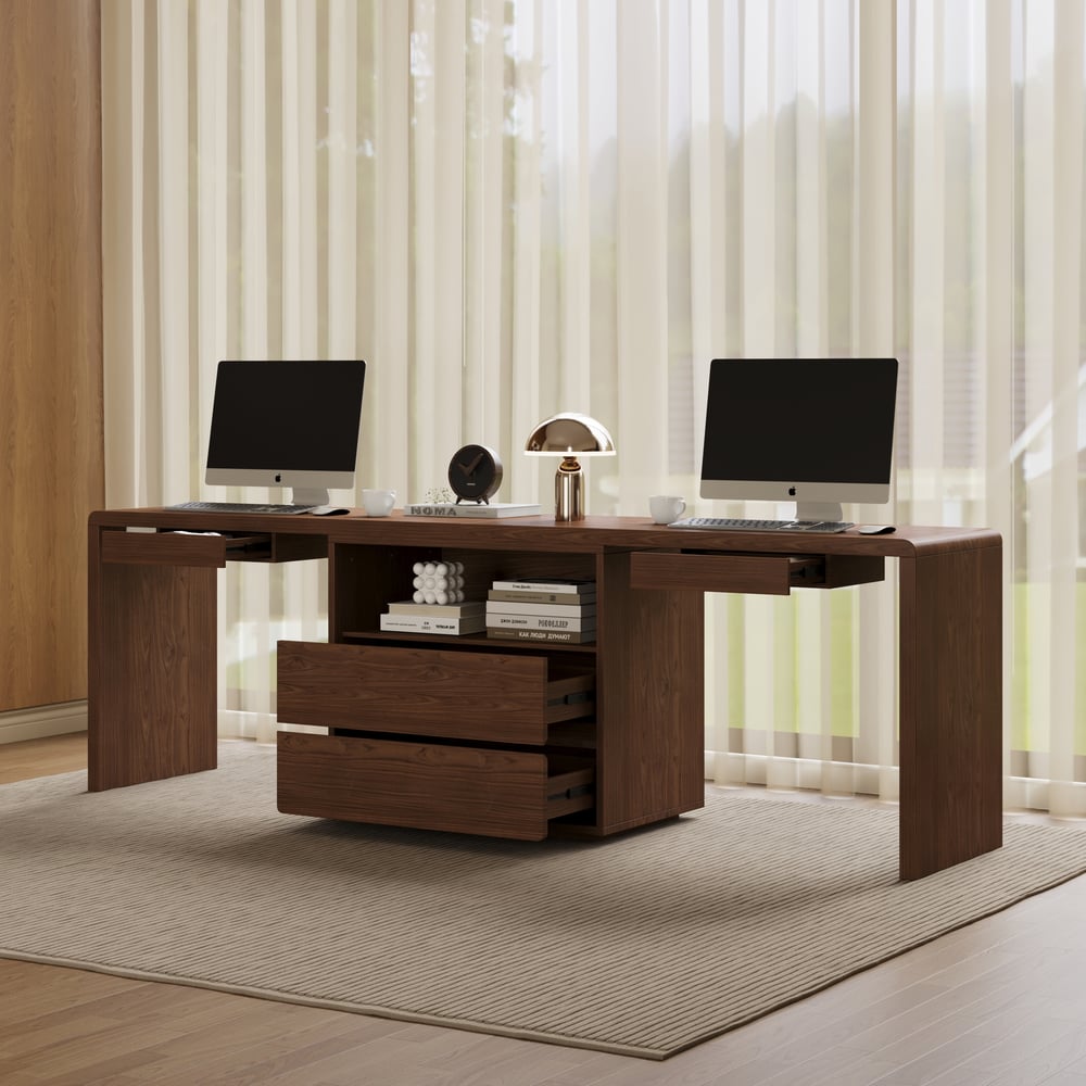Modern 94" Rectangular Brown Double Desk with Drawers, Seats 2 window image