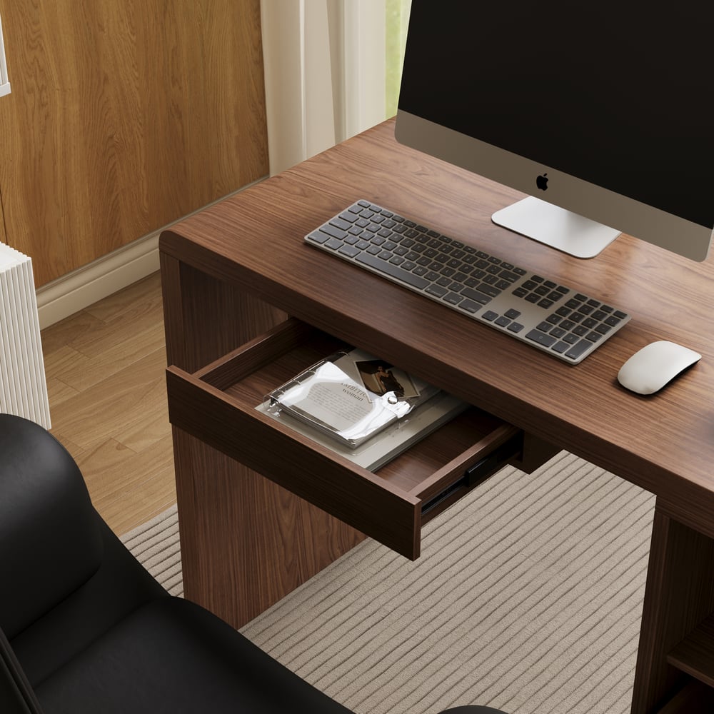 Modern 94" Rectangular Brown Double Desk with Drawers, Seats 2 window image