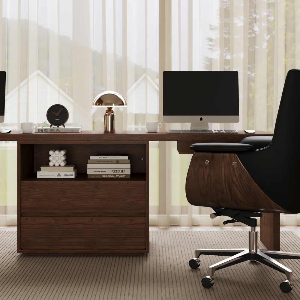 Modern 94" Rectangular Brown Double Desk with Drawers, Seats 2 window image