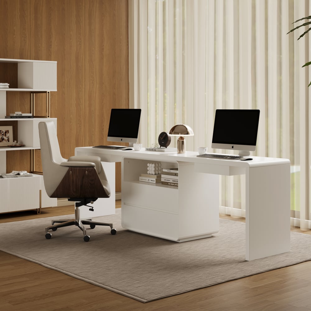 Modern 240 cm Rectangular White Double Desk with 4 Drawers & 1 Cabinet, Seats 2 window image