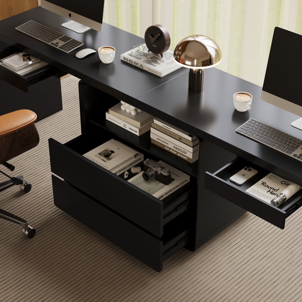 Moderne bureau double rectangulaire noir avec tiroirs, 240 cm image de fenêtre