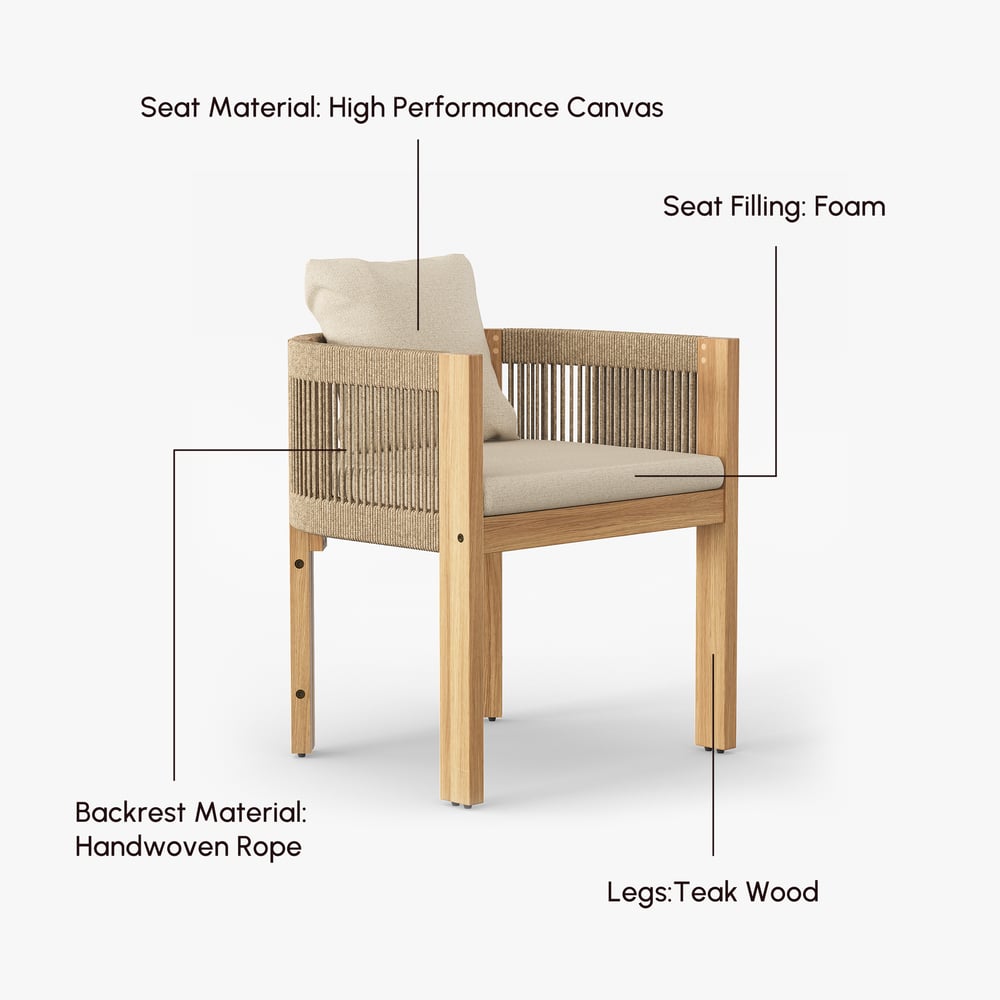 Ensemble de repas de jardin d'extérieur 7 pièces Boheva avec 6 chaises en béton et corde tressée de teck image de fenêtre