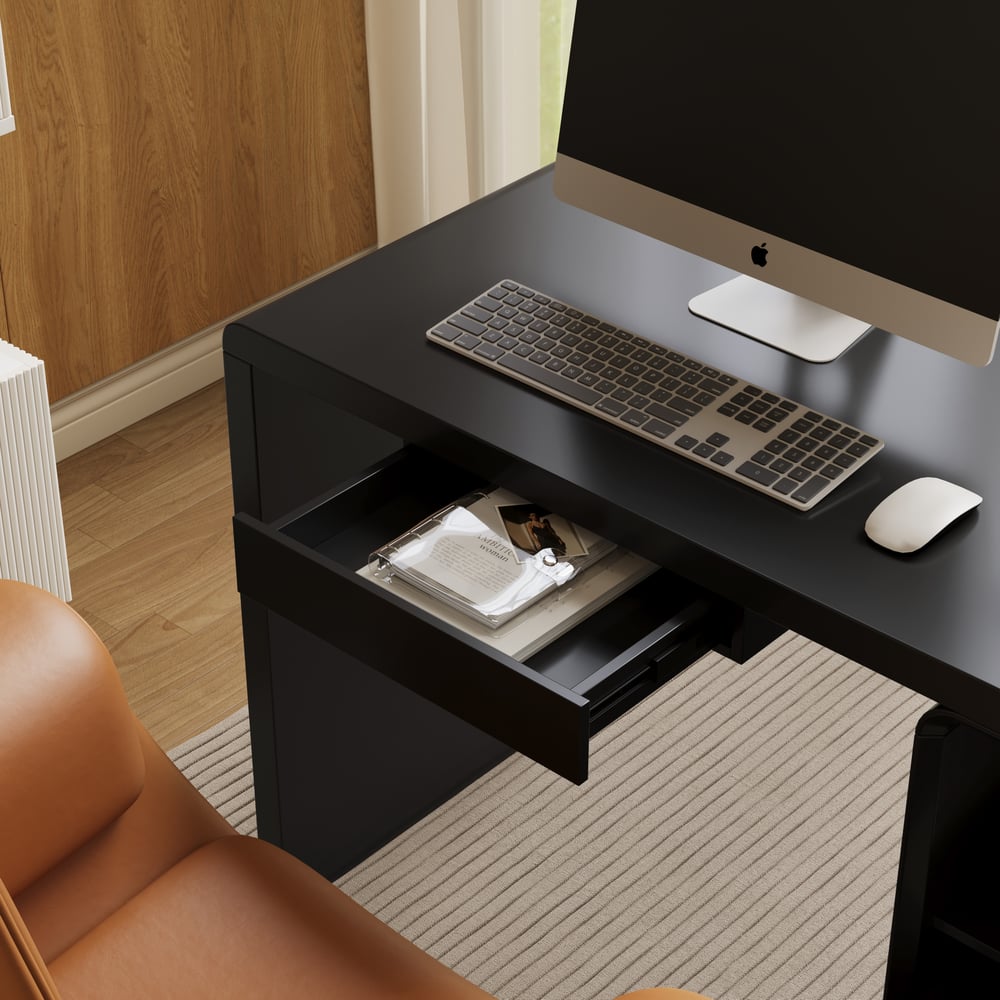 Moderne bureau double rectangulaire noir avec tiroirs, 240 cm image de fenêtre
