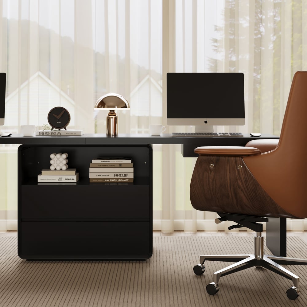 Moderne bureau double rectangulaire noir avec tiroirs, 240 cm image de fenêtre