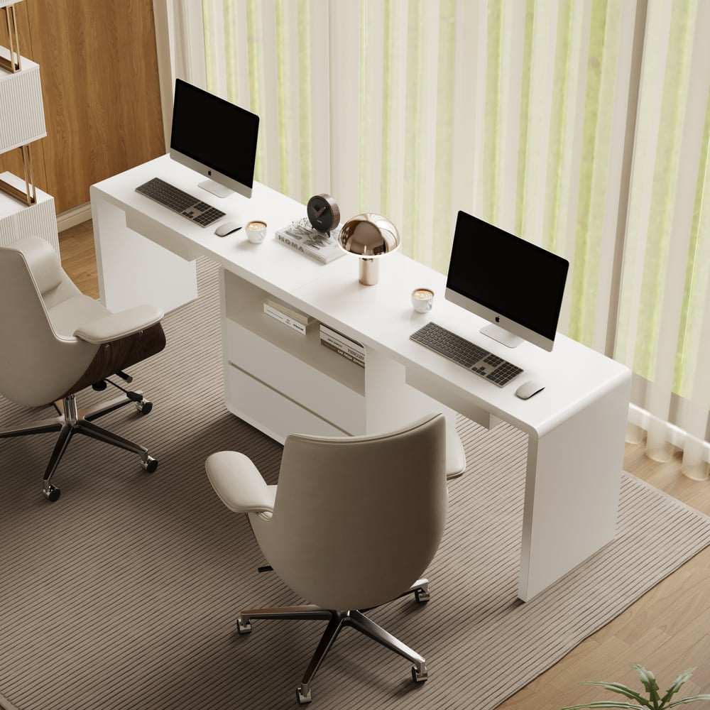 Modern 240 cm Rectangular White Double Desk with 4 Drawers & 1 Cabinet, Seats 2 window image