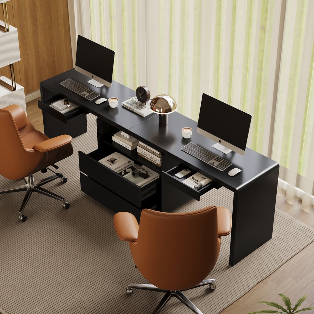 Moderne bureau double rectangulaire noir avec tiroirs, 240 cm image de fenêtre