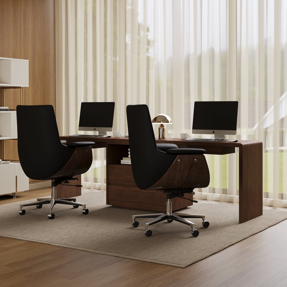 Modern 94" Rectangular Brown Double Desk with Drawers, Seats 2 window image