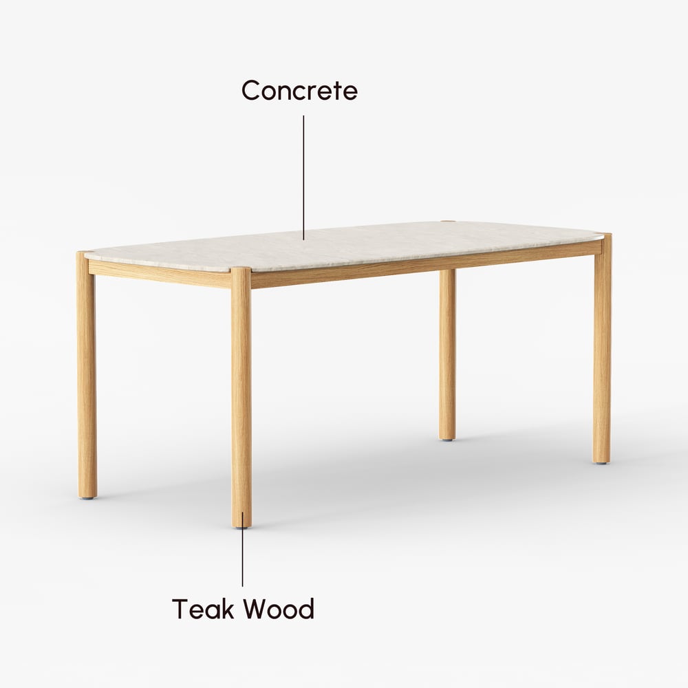 Ensemble de repas de jardin d'extérieur 7 pièces Boheva avec 6 chaises en béton et corde tressée de teck image de fenêtre