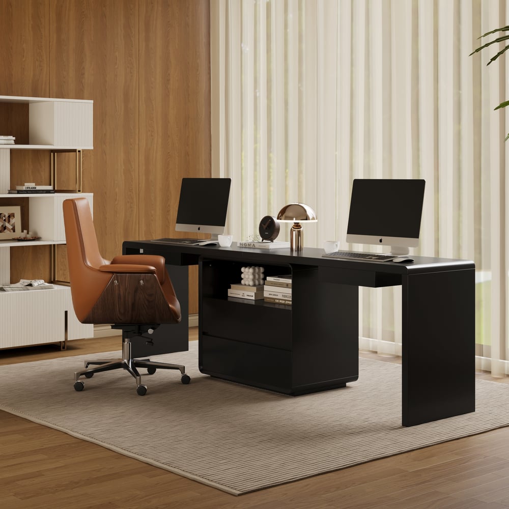 Moderne bureau double rectangulaire noir avec tiroirs, 240 cm image de fenêtre