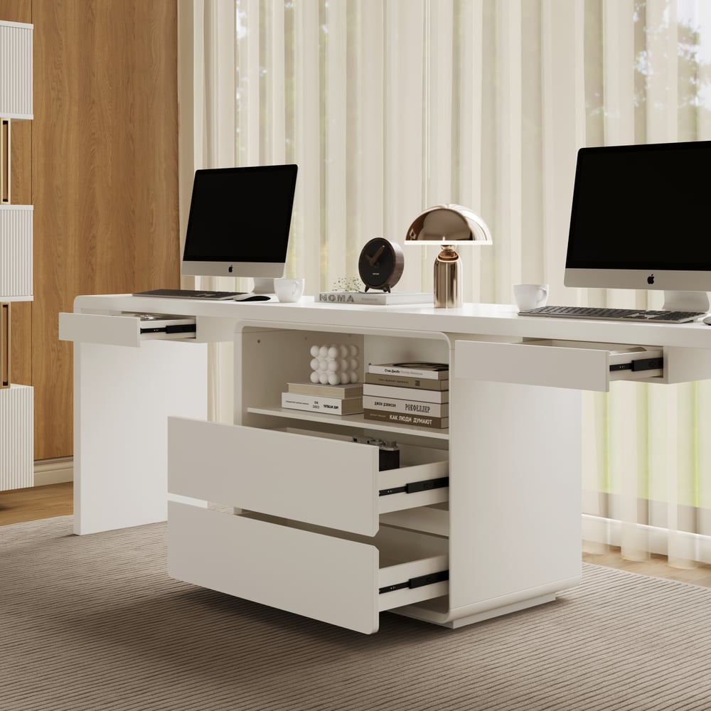 Modern 240 cm Rectangular White Double Desk with 4 Drawers & 1 Cabinet, Seats 2 window image