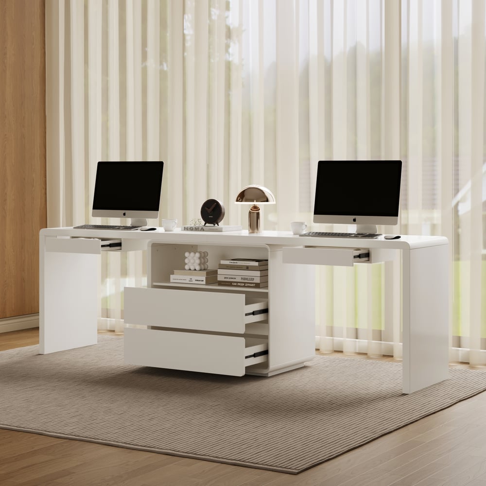 Modern 240 cm Rectangular White Double Desk with 4 Drawers & 1 Cabinet, Seats 2 window image