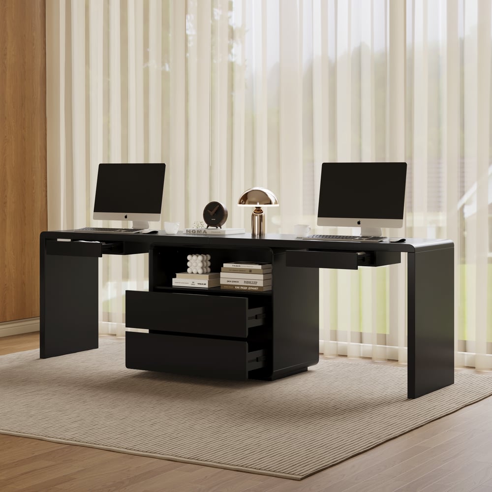 Moderne bureau double rectangulaire noir avec tiroirs, 240 cm image de fenêtre