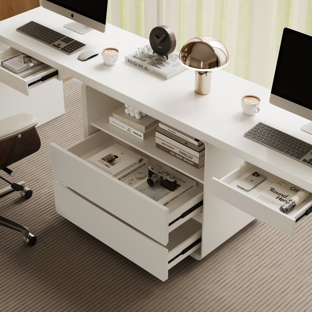 Modern 240 cm Rectangular White Double Desk with 4 Drawers & 1 Cabinet, Seats 2 window image
