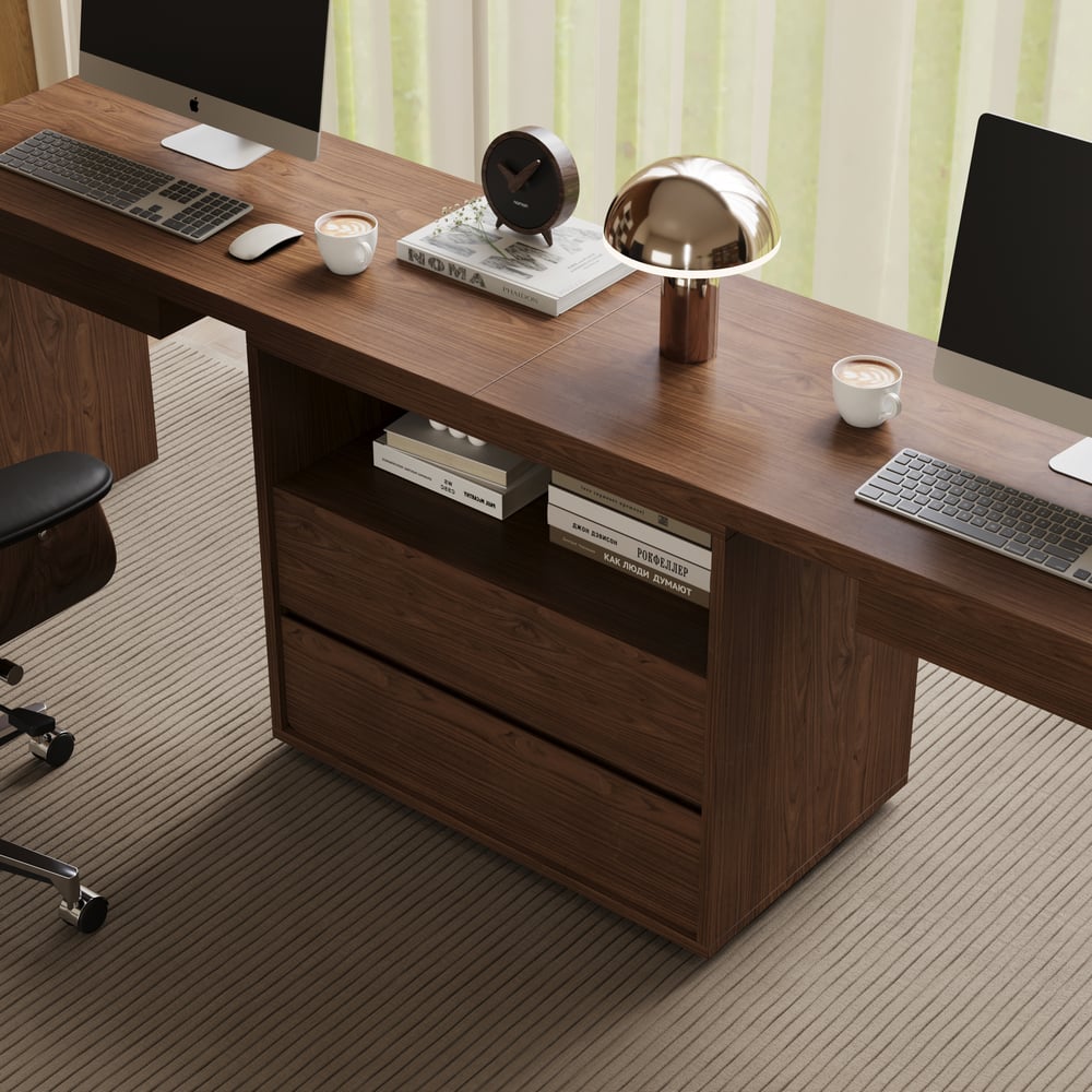 Modern 94" Rectangular Brown Double Desk with Drawers, Seats 2 window image