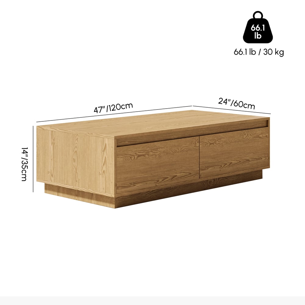 Obdélníkový konferenční stolek Mid-Century Fero 120 cm z přírodního dřeva se 4 zásuvkami váhy a rozměry obrázku