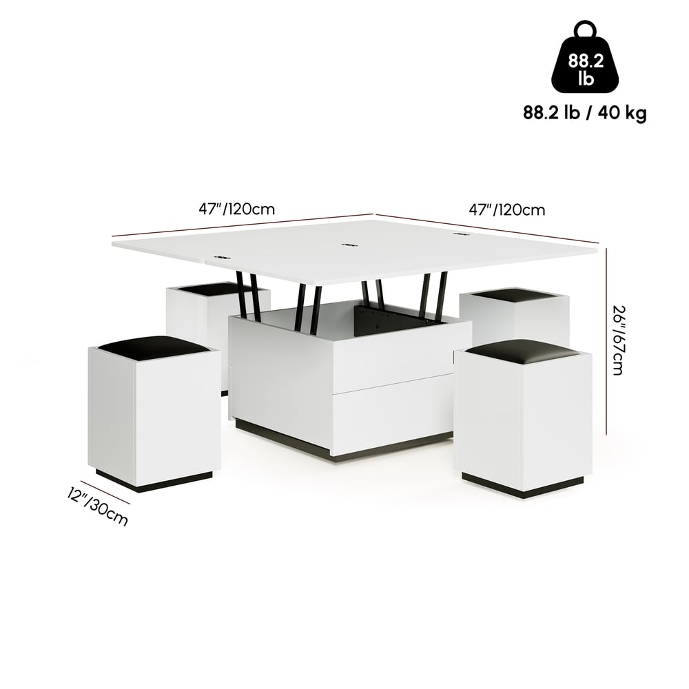 Moderní výškově nastavitelný konferenční stolek z bezpečnostního skla se zásuvkami, 120 cm váhy a rozměry obrázku