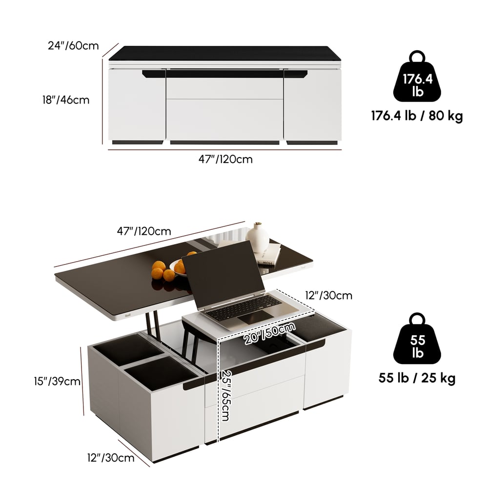 Moderní výškově nastavitelný konferenční stolek z bezpečnostního skla se zásuvkami, 120 cm váhy a rozměry obrázku