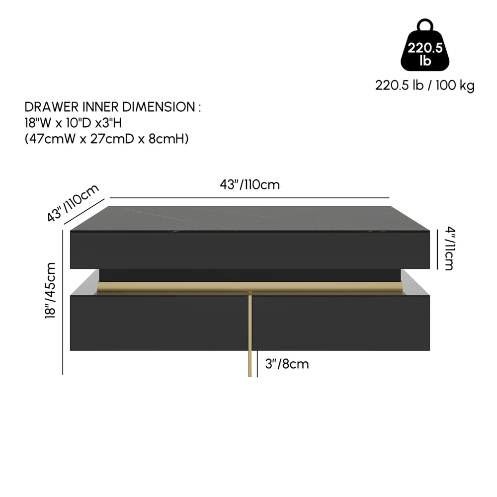 Modern 43" Square Black Sintered Stone Coffee Table with 4 Drawers weights dimensions image
