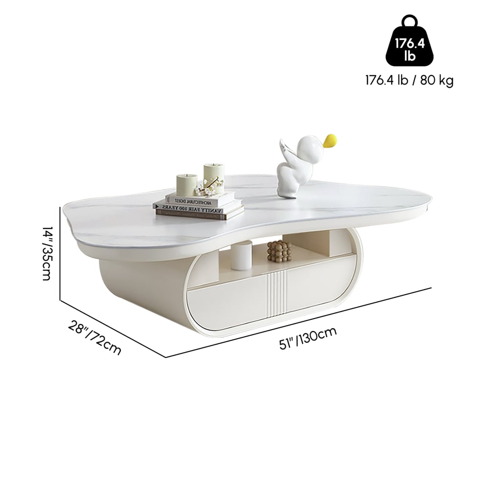 Oválný konferenční stolek ze spékaného kamene s úložným prostorem, 130 cm váhy a rozměry obrázku