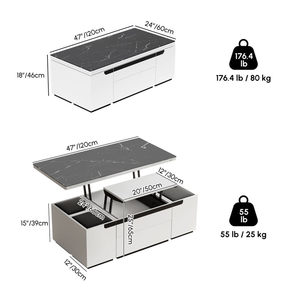 Moderní výškově nastavitelný konferenční stolek ze slinutého kamene se zásuvkami, 120 cm váhy a rozměry obrázku