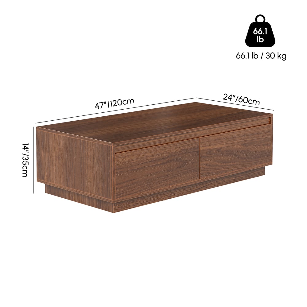 Obdélníkový konferenční stolek Mid-Century Fero 120 cm z ořechu se 4 zásuvkami váhy a rozměry obrázku