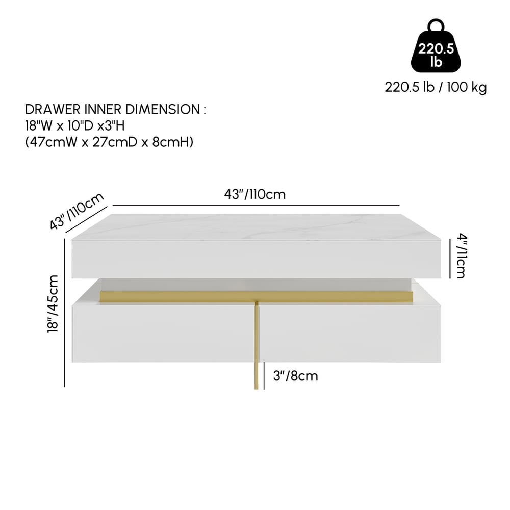 Čtvercový moderní konferenční stolek ze sintrovaného kamene v bílé barvě se 4 zásuvkami váhy a rozměry obrázku