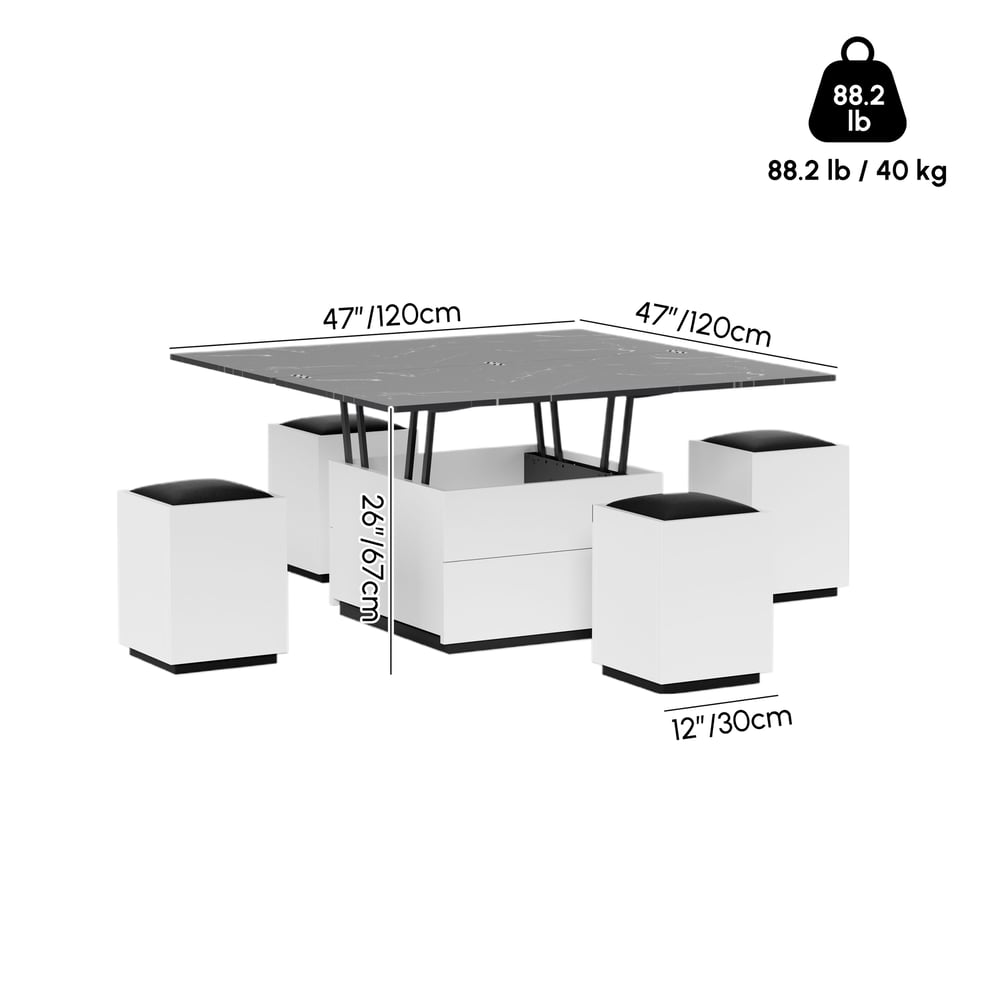 Moderní výškově nastavitelný konferenční stolek ze slinutého kamene se zásuvkami, 120 cm váhy a rozměry obrázku