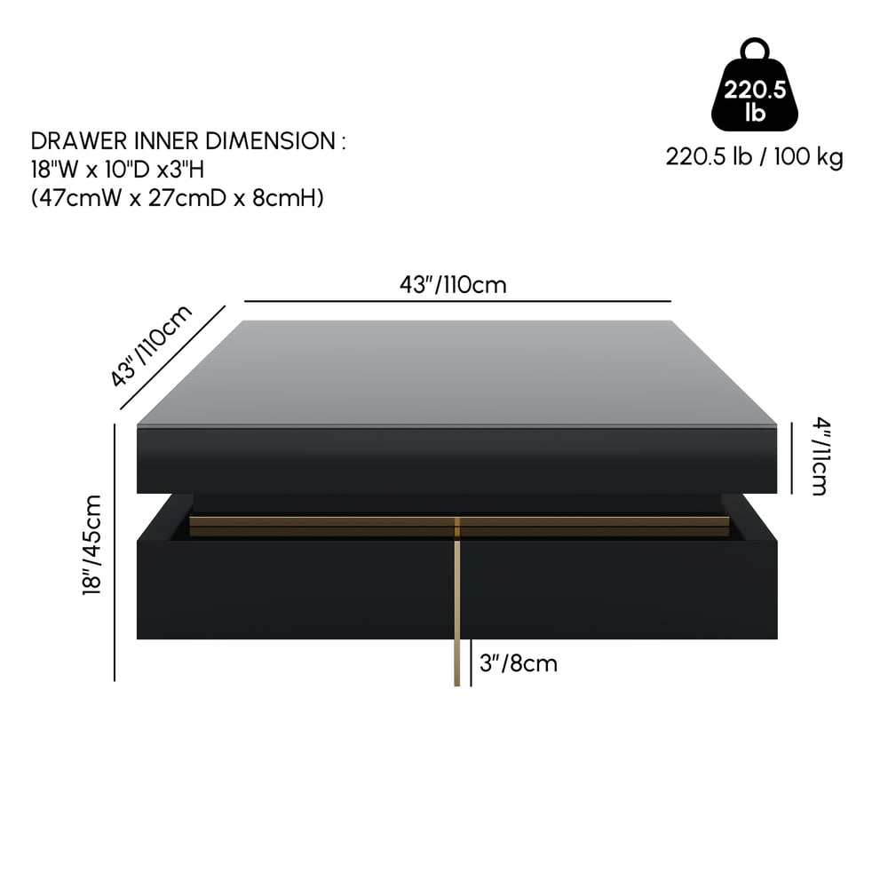 Moderna mesa de centro cuadrada de cristal templado negro de 109 cm con 4 cajones pesos dimensiones imagen