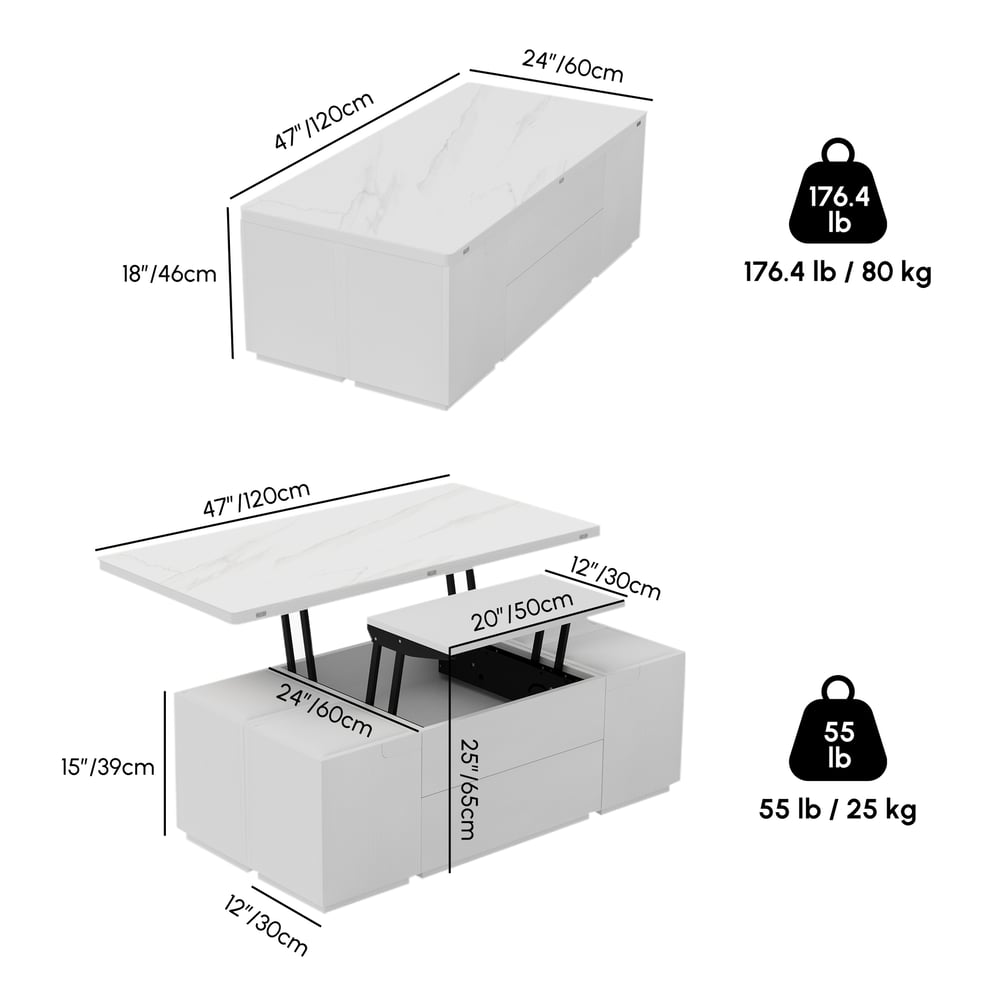 Modern Sintered Stone Lift-Top Coffee Table with Drawers weights dimensions image