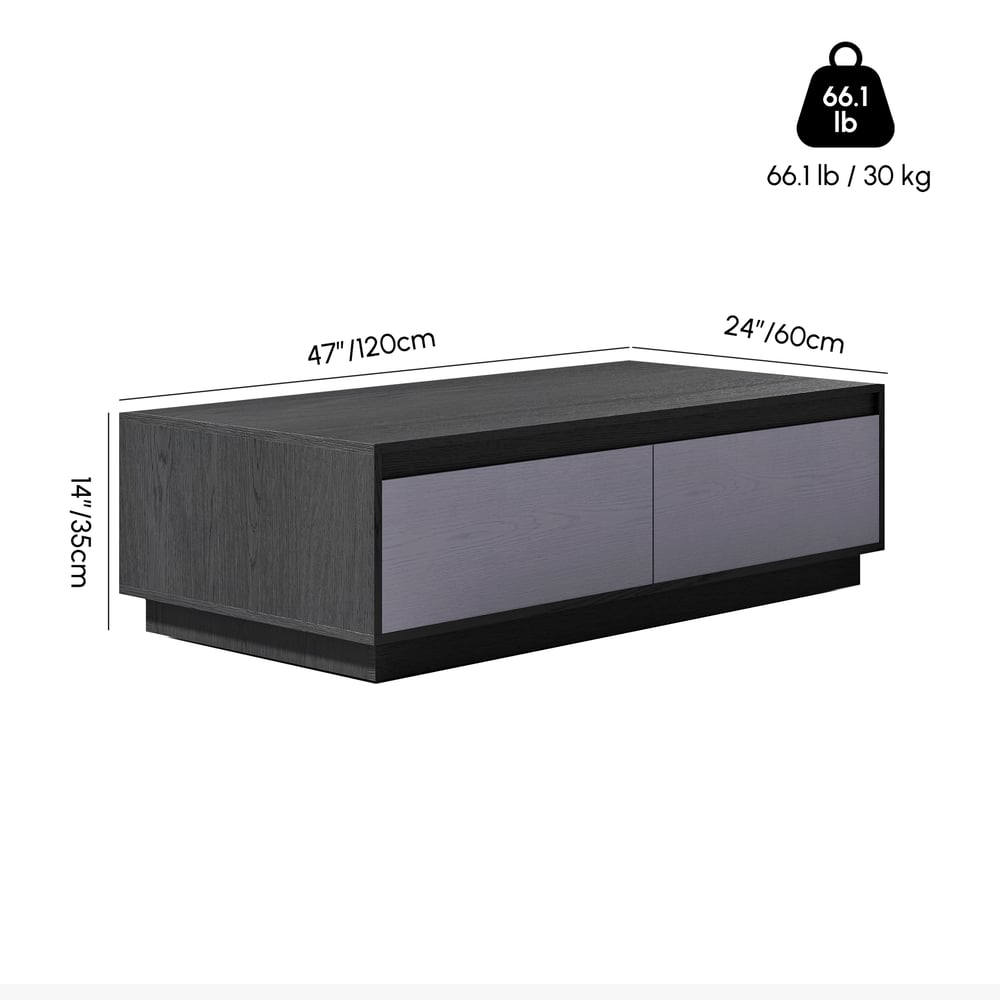 Obdélníkový konferenční stolek Fero Mid-Century 120 cm v šedé barvě se 4 zásuvkami váhy a rozměry obrázku