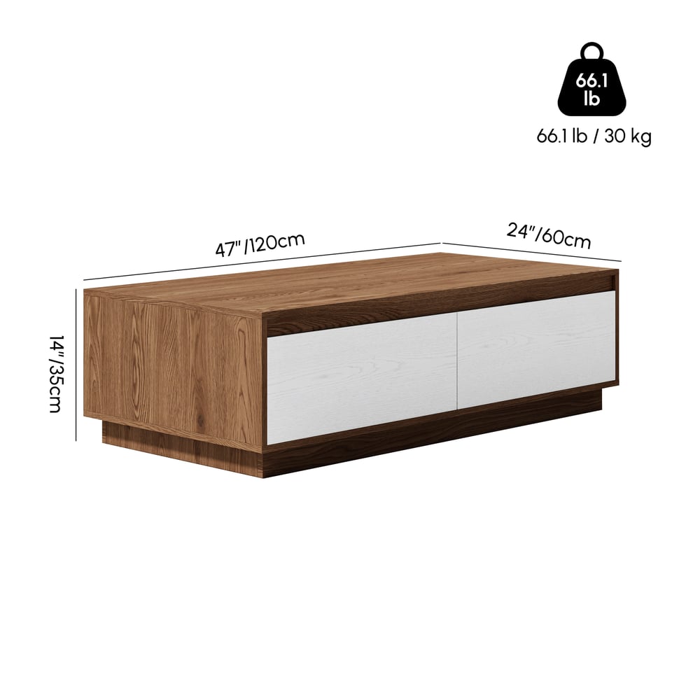 Prostokątny stolik kawowy Mid-Century Fero 120 cm w kolorze białym i orzechowym z 4 szufladami obraz wagi wymiary